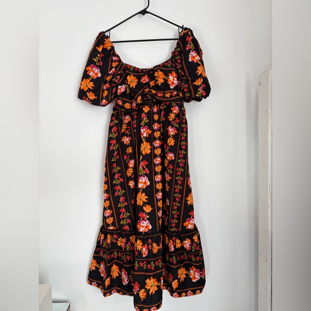 100% Cotton Black Floral Boho Puff Sleeve Dress Size L